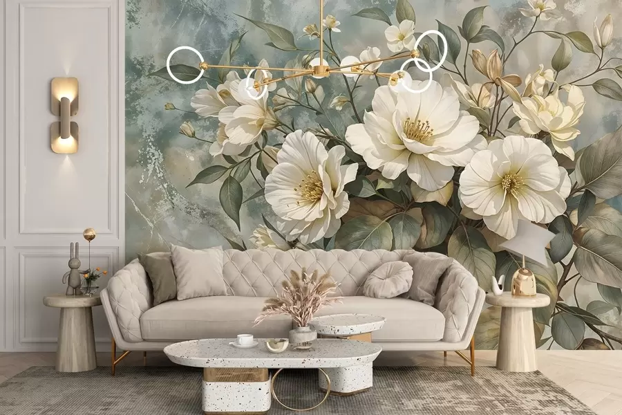 Wall Mural Photo Wallpaper Large, white detailed peony flowers with green leaves against a soft, textural turquoise background w08528