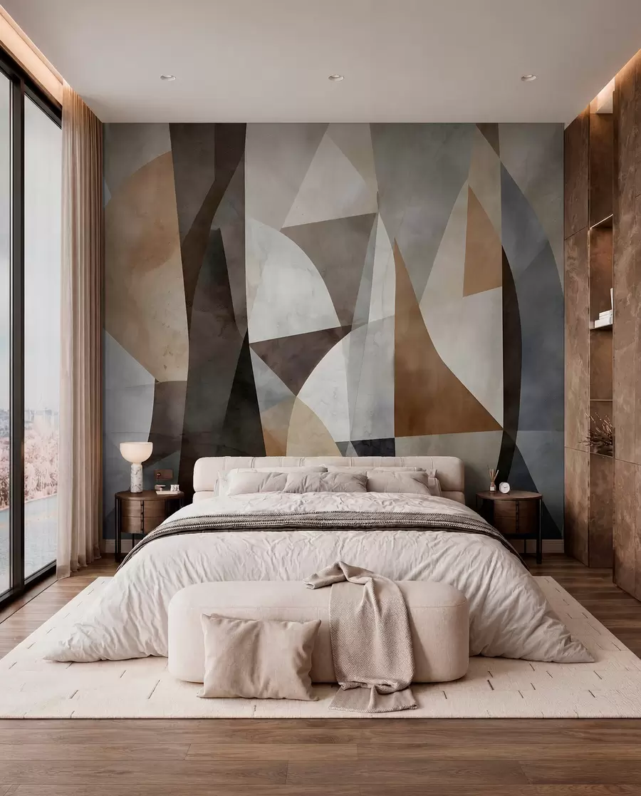 wall murals Abstract modern art textural geometric shapes in shades of brown, gray, and beige w08530