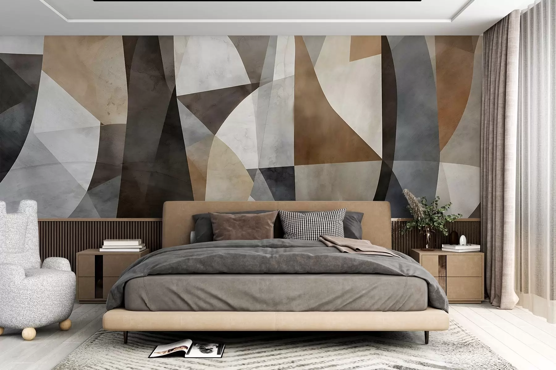 Wall Mural Photo Wallpaper Abstract modern art textural geometric shapes in shades of brown, gray, and beige w08530