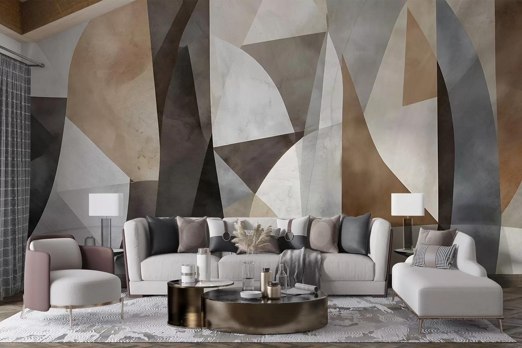 Wall Mural Photo Wallpaper Abstract modern art textural geometric shapes in shades of brown, gray, and beige w08530