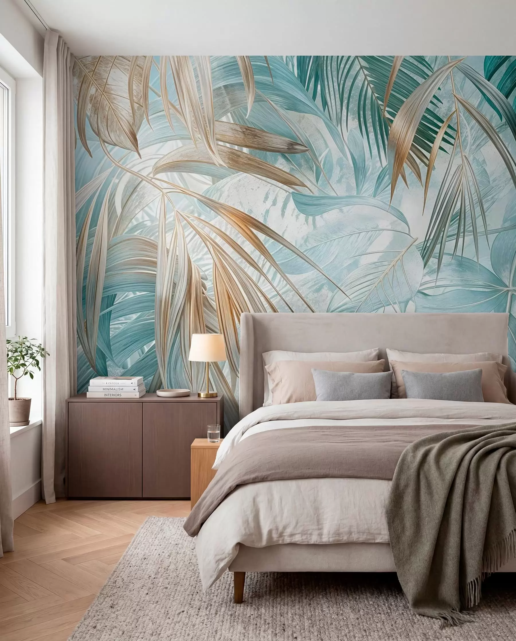 Wall Mural Photo Wallpaper A tropical abstract floral print with large palm leaves in shades of blue and beige creates a lush atmosphere w08532