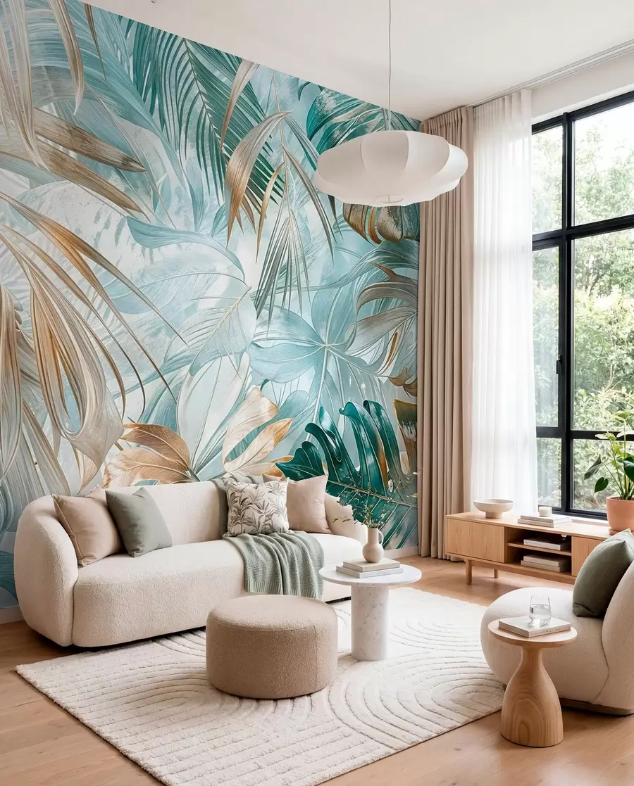 Wall Mural Photo Wallpaper A tropical abstract floral print with large palm leaves in shades of blue and beige creates a lush atmosphere w08532