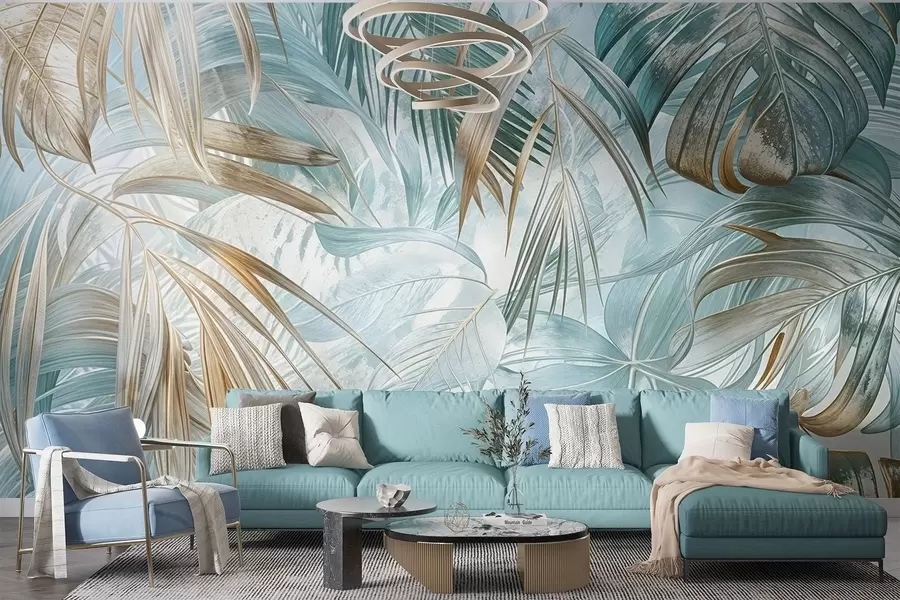 Wall Mural Photo Wallpaper A tropical abstract floral print with large palm leaves in shades of blue and beige creates a lush atmosphere w08532