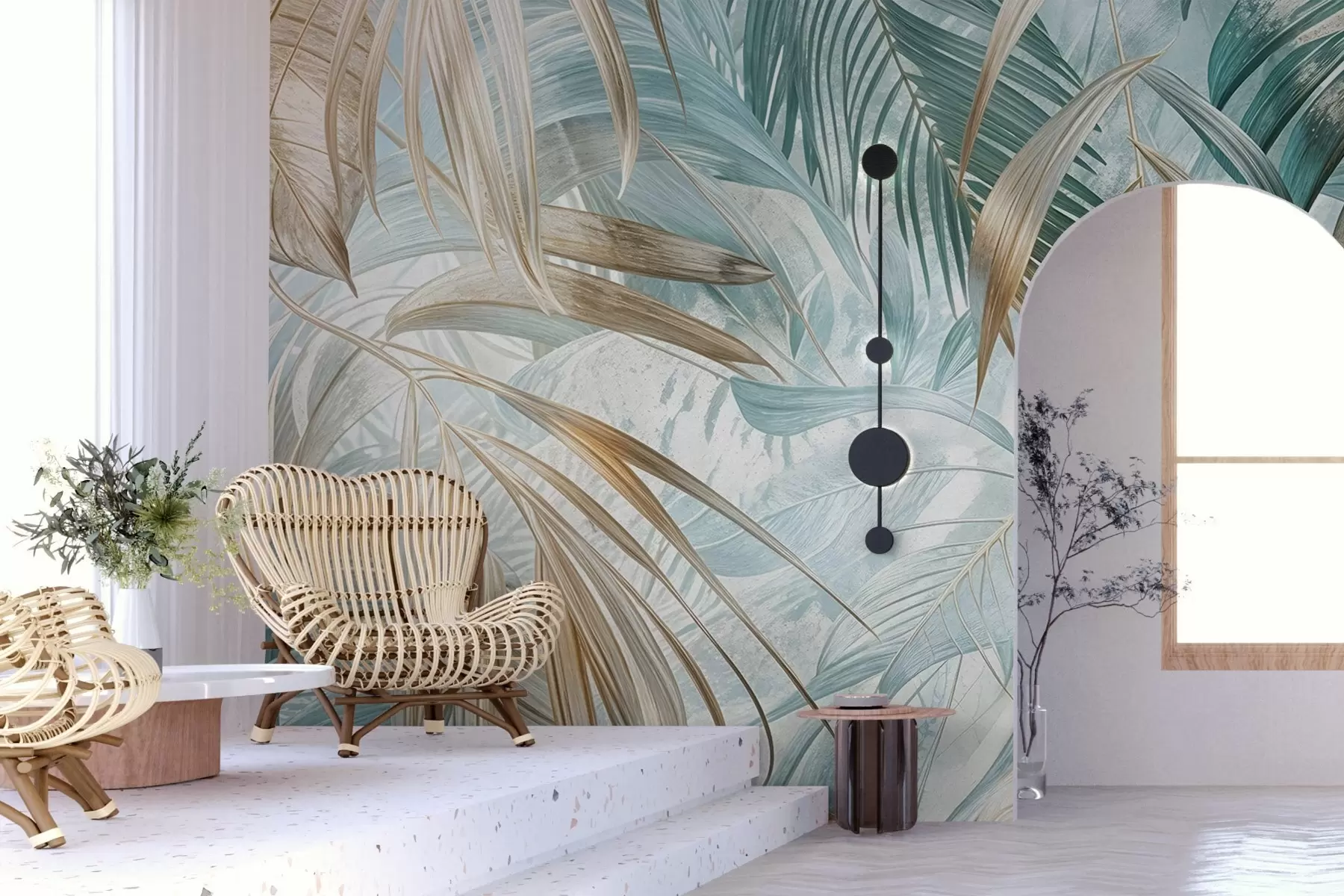 Wall Mural Photo Wallpaper A tropical abstract floral print with large palm leaves in shades of blue and beige creates a lush atmosphere w08532