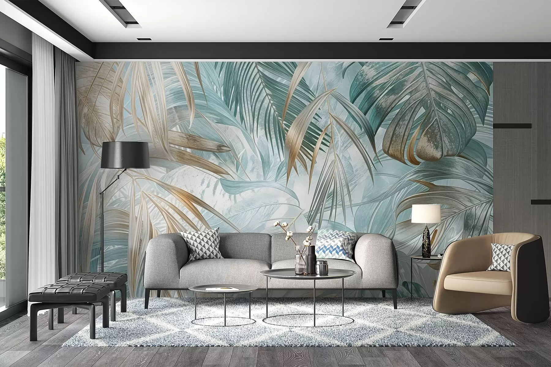 Wall Mural Photo Wallpaper A tropical abstract floral print with large palm leaves in shades of blue and beige creates a lush atmosphere w08532