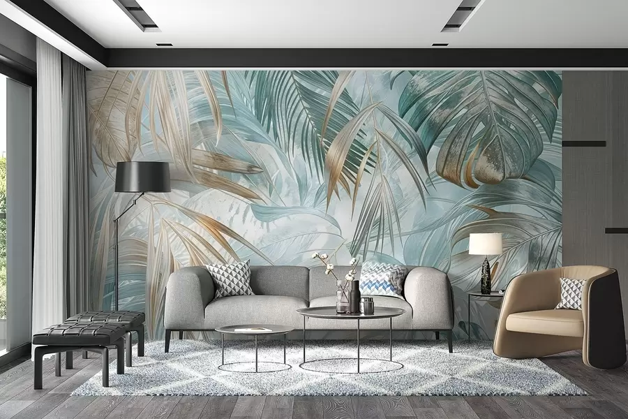 Wall Mural Photo Wallpaper A tropical abstract floral print with large palm leaves in shades of blue and beige creates a lush atmosphere w08532