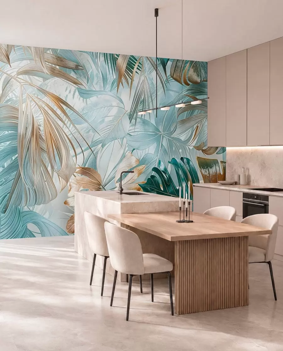 peintures murales Un imprimé floral abstrait tropical avec de grandes feuilles de palmier dans des tons bleus et beiges crée une atmosphère luxuriante w08532