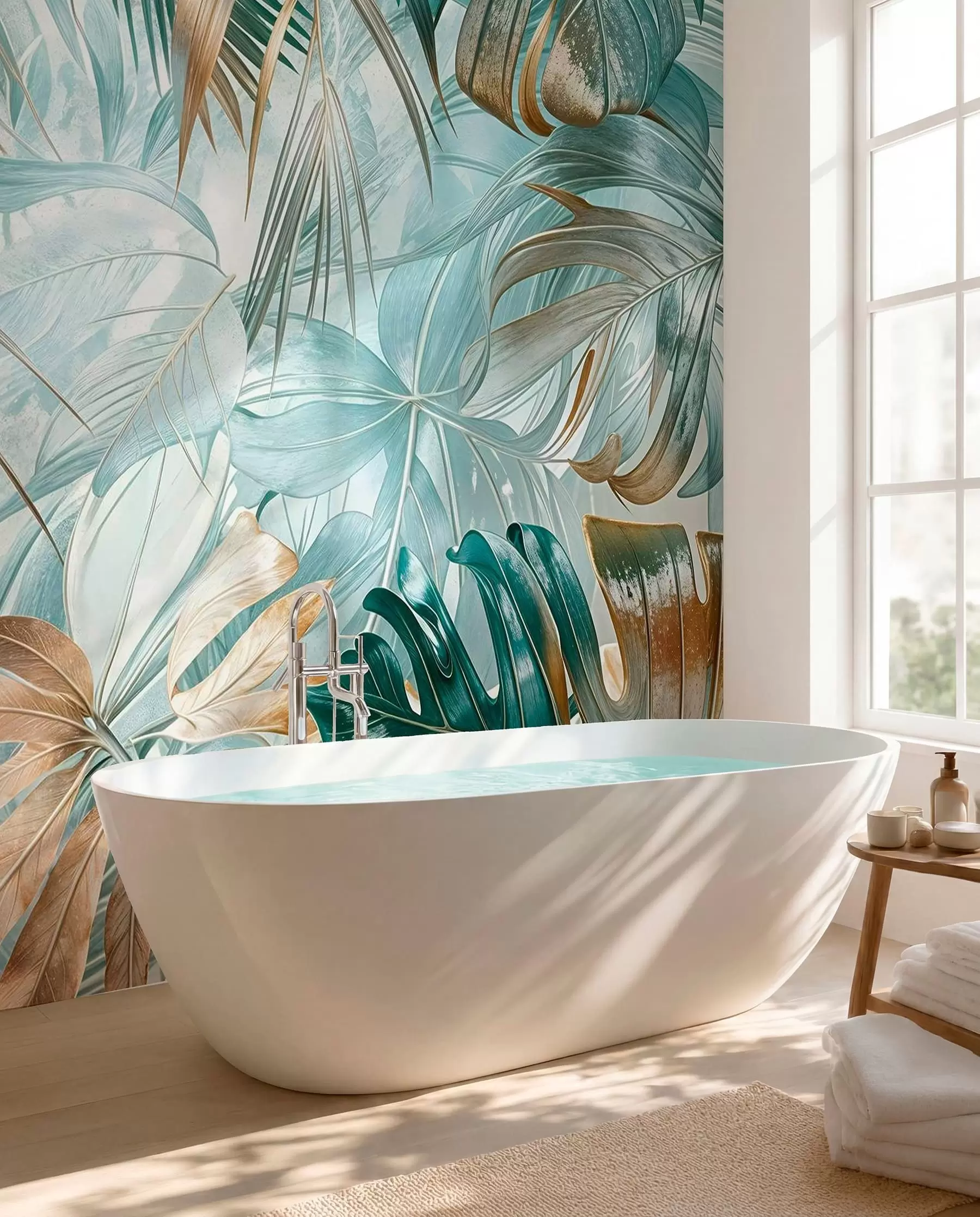 wall murals A tropical abstract floral print with large palm leaves in shades of blue and beige creates a lush atmosphere w08532