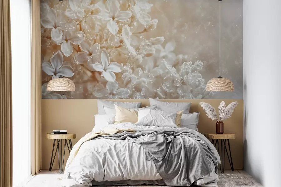 murales Delicadas flores blancas de color lila con un suave fondo amarillo difuminado w08533