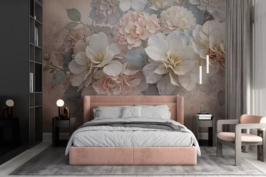 murales Estampado de textura suave con flores de peonía melocotón y blancas con hojas verdes sobre fondo beige w08534