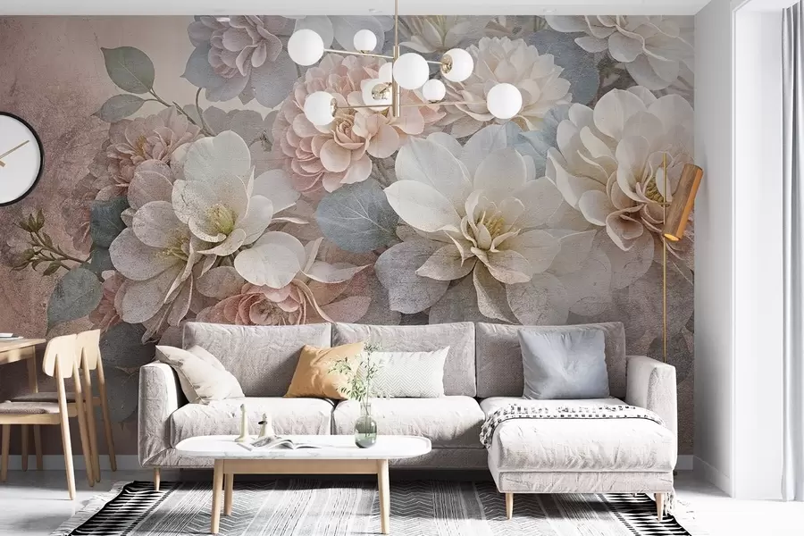 murales Estampado de textura suave con flores de peonía melocotón y blancas con hojas verdes sobre fondo beige w08534