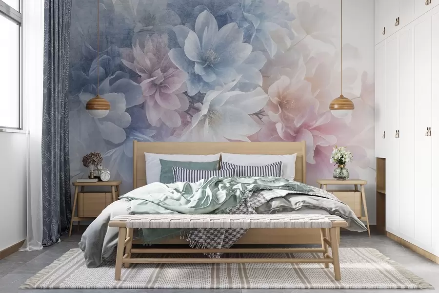 Wall Mural Photo Wallpaper Soft, pastel-colored textural floral arrangement with large, delicate flowers in shades of pink, blue and white  w08535