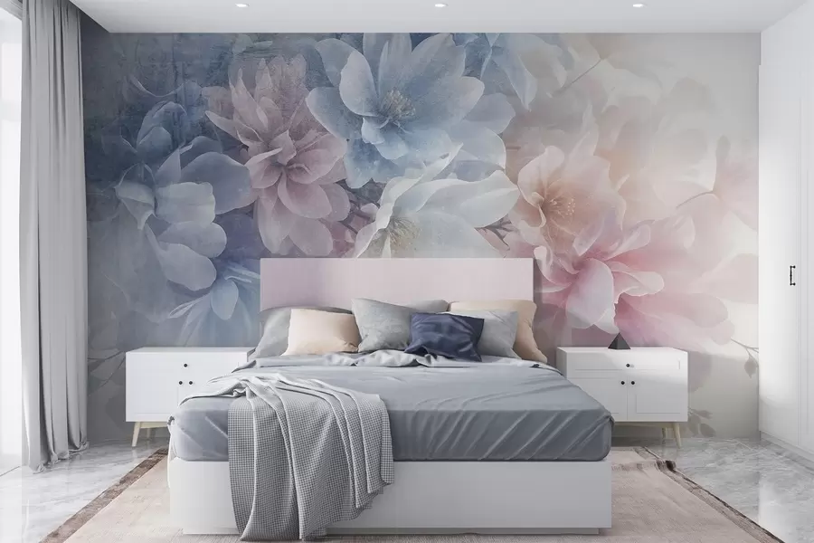 peintures murales Arrangement floral texturé aux couleurs douces et pastel avec de grandes fleurs délicates dans les tons rose, bleu et blanc w08535