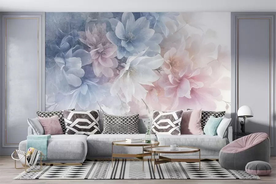 murales Arreglo floral de textura suave y colores pastel con flores grandes y delicadas en tonos rosa, azul y blanco w08535