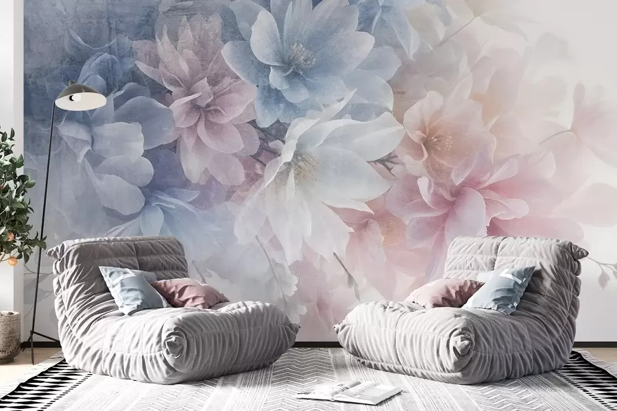 murais de parede Arranjo floral textural suave, em tons pastel, com flores grandes e delicadas em tons de rosa, azul e branco  w08535