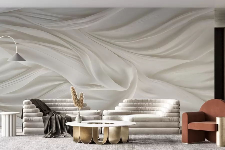 murales Estampado moderno con imitación de tela blanca lisa y fluida con pliegues suaves y ondulantes w08537