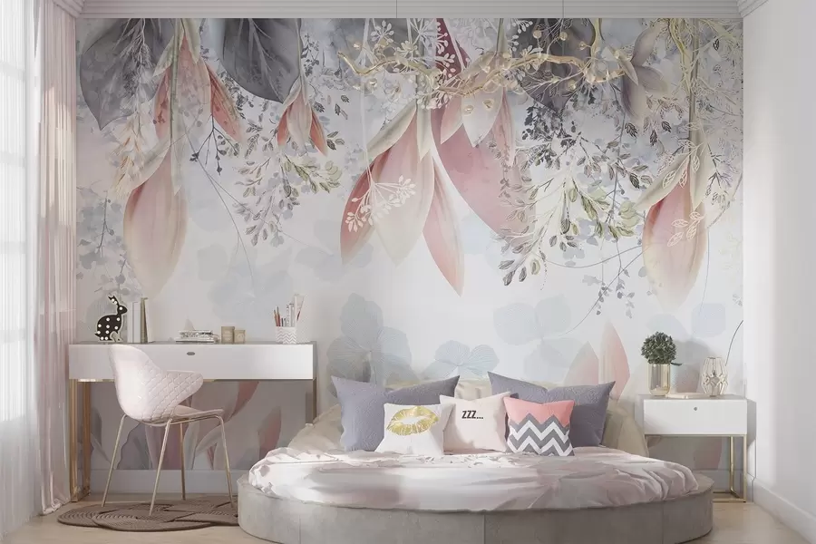 murales Suave estampado floral en tonos pastel con delicados pétalos y hojas en tonos rosa, blanco y gris w08538