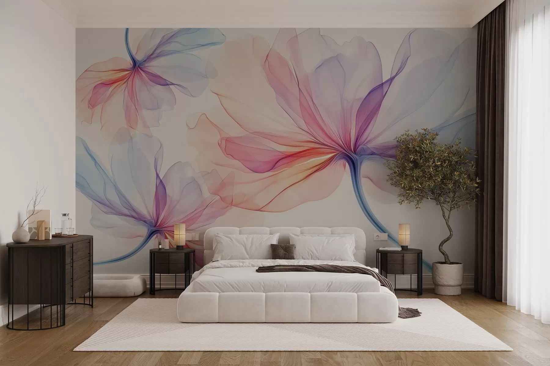 murales flores frescas de color transparente sobre fondo beige w02631