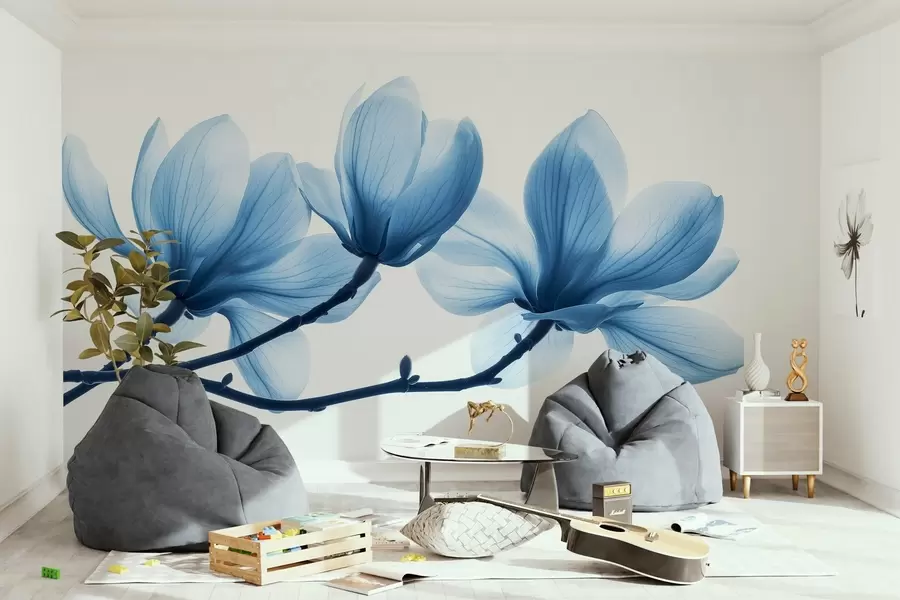 murais de parede delicadas flores de magnólia azul nos ramos w02633