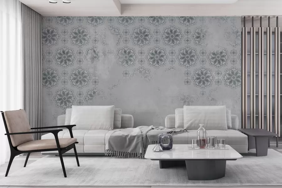 Wall Mural Photo Wallpaper Vintage design with mandala elements and distressed effect in light grey w02551v2