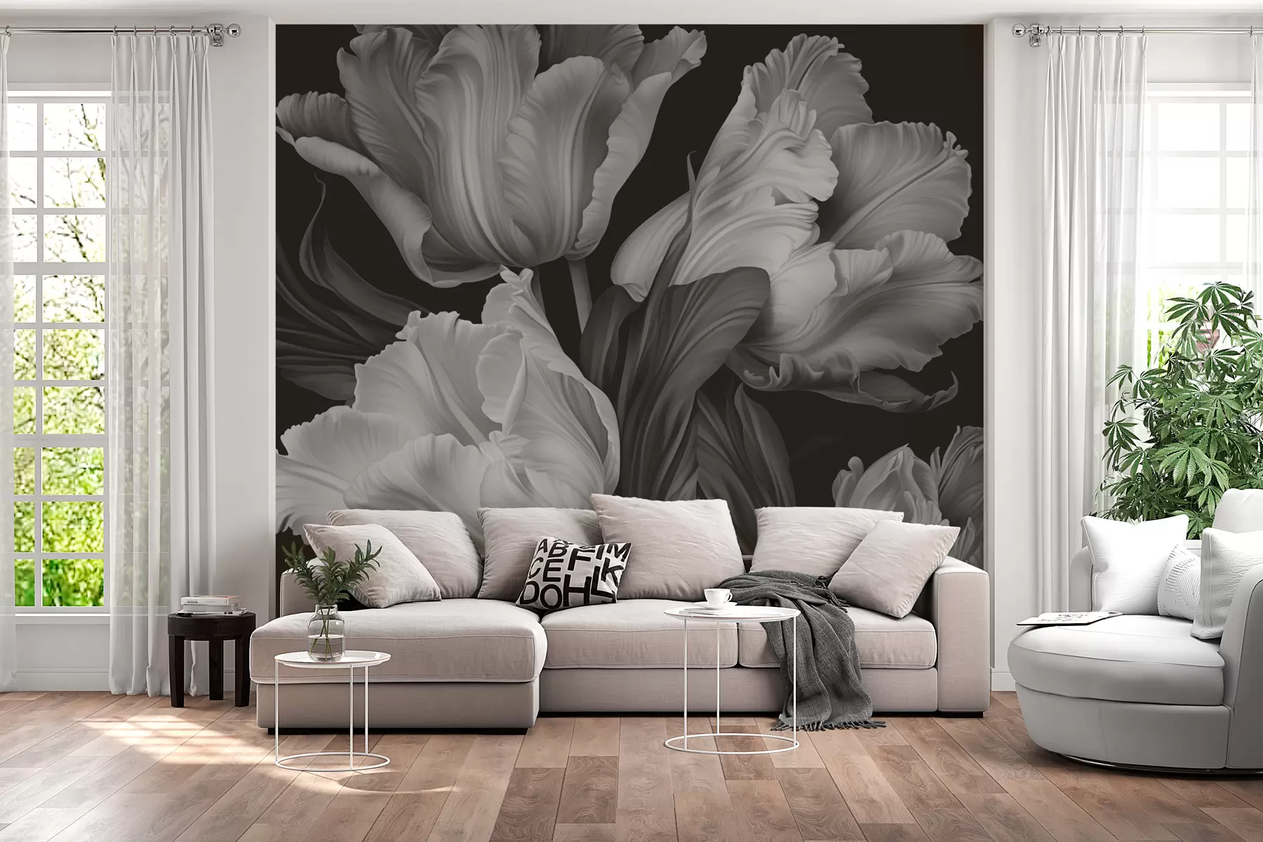 peintures murales Tulipes noires et blanches en style photoréaliste w02557