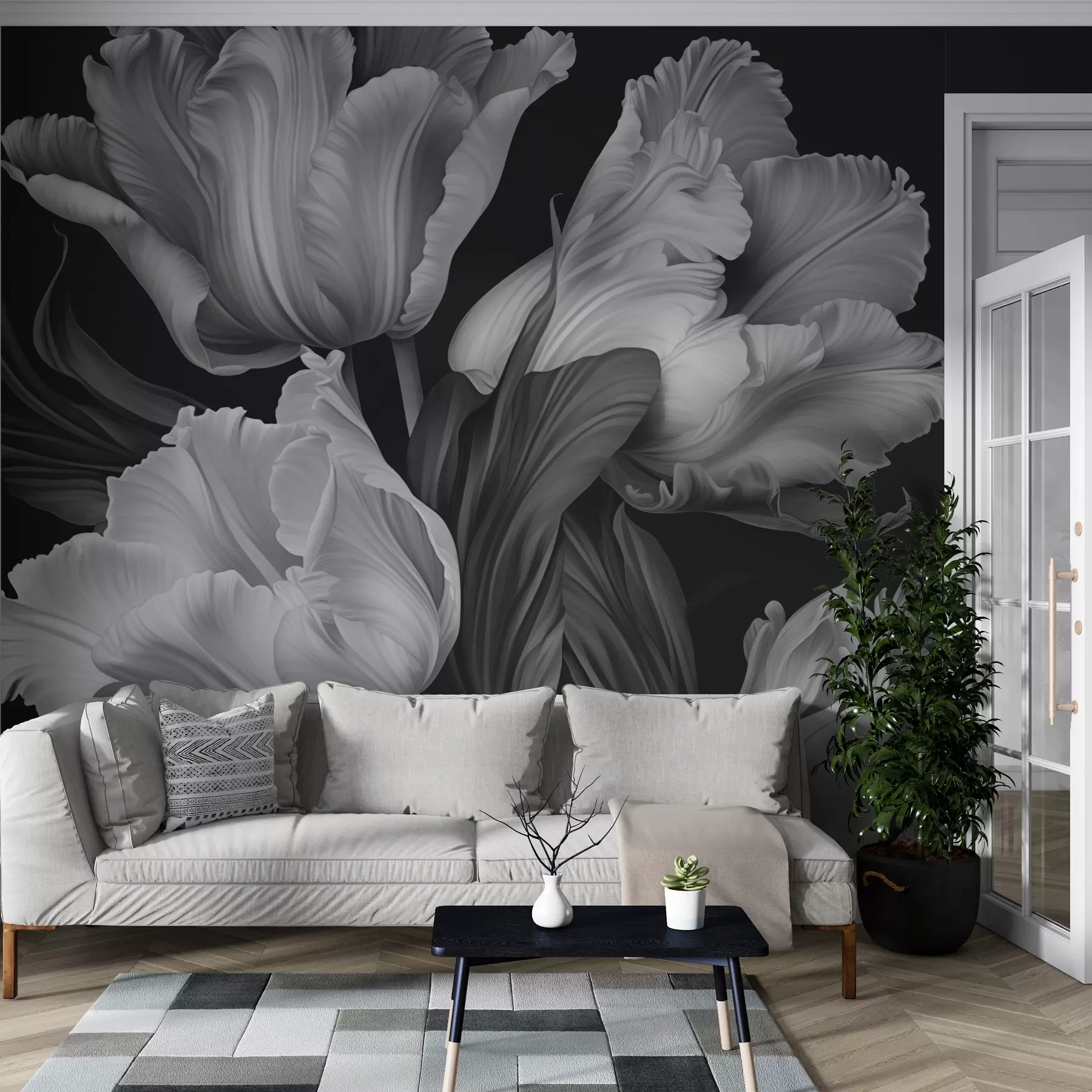 wall murals Black and white tulips in photorealistic style w02557