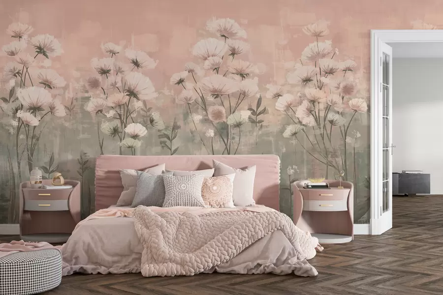 Wall Mural Photo Wallpaper Delicate wildflowers with brushstroke effect in pink w02629