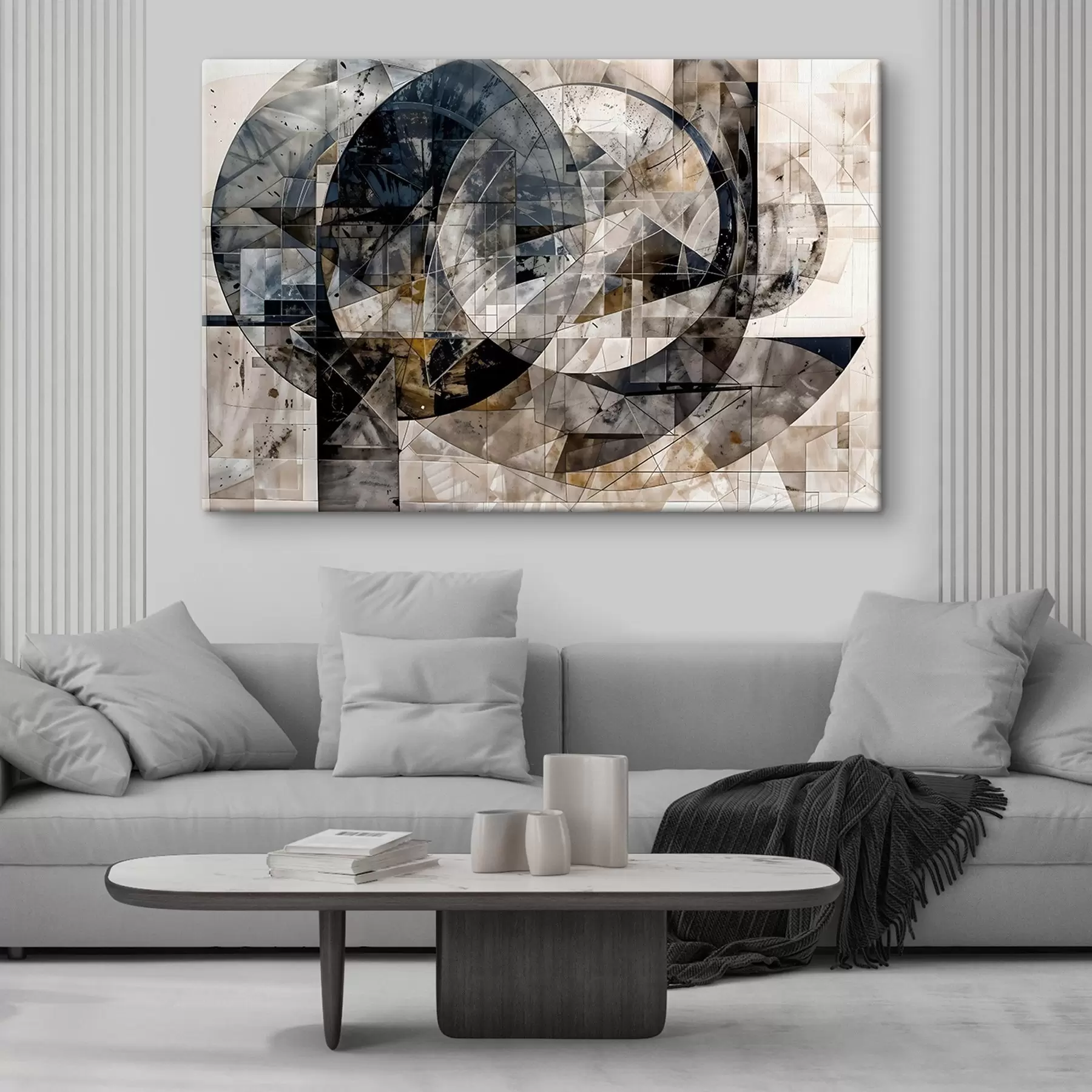 murales Una composición geométrica moderna y abstracta con formas superpuestas y estampado en tonos grises, negros y beige s42212