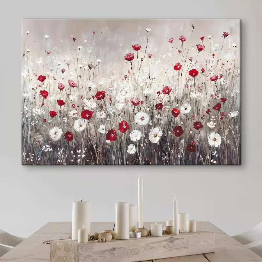 wall murals Abstract imitation of oil painting a field of red and white poppies and daisies flowers against a gray textural background s42213