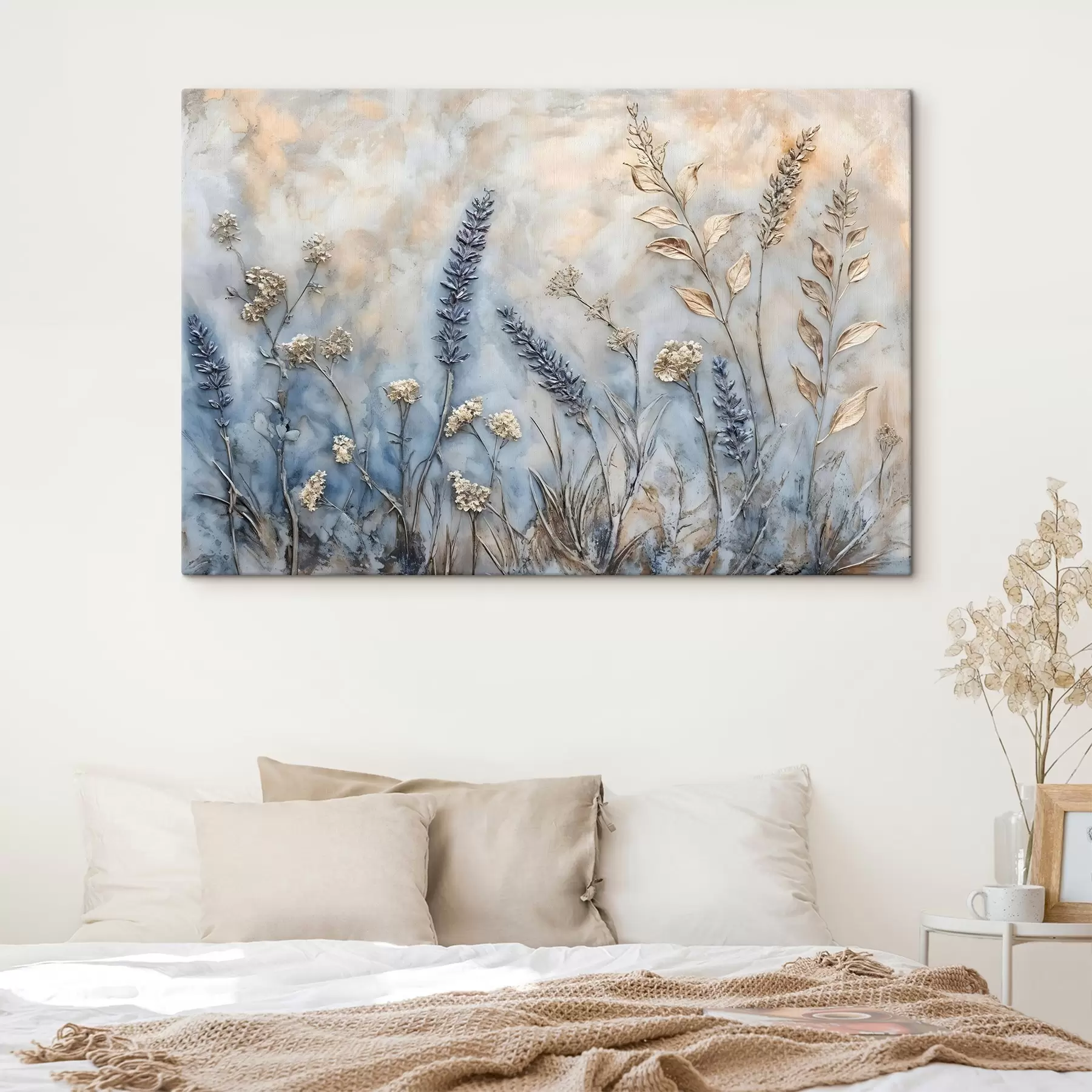 wall murals A field of various wildflowers and plants in shades of blue, white, and beige against a soft, hazy background s42214