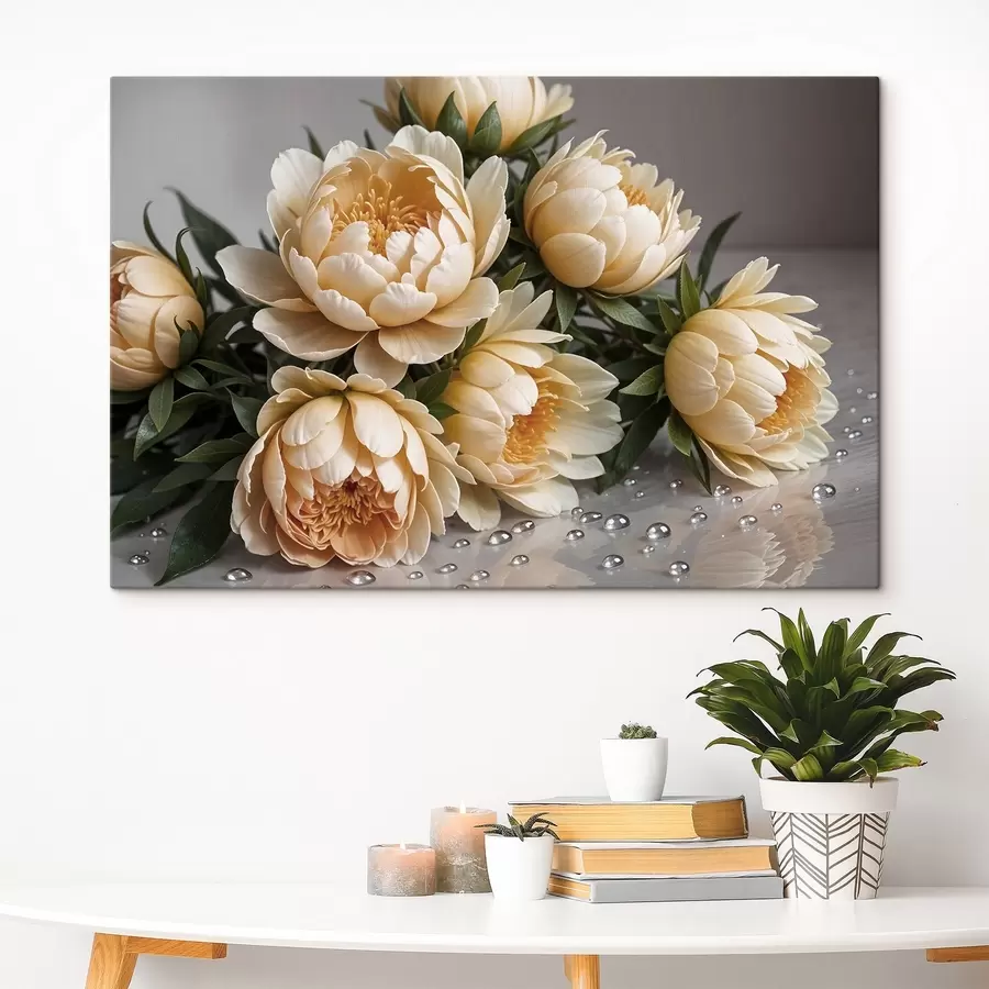 wall murals Cream-colored detailed peony flowers with dark green leaves on a gray background  s42215
