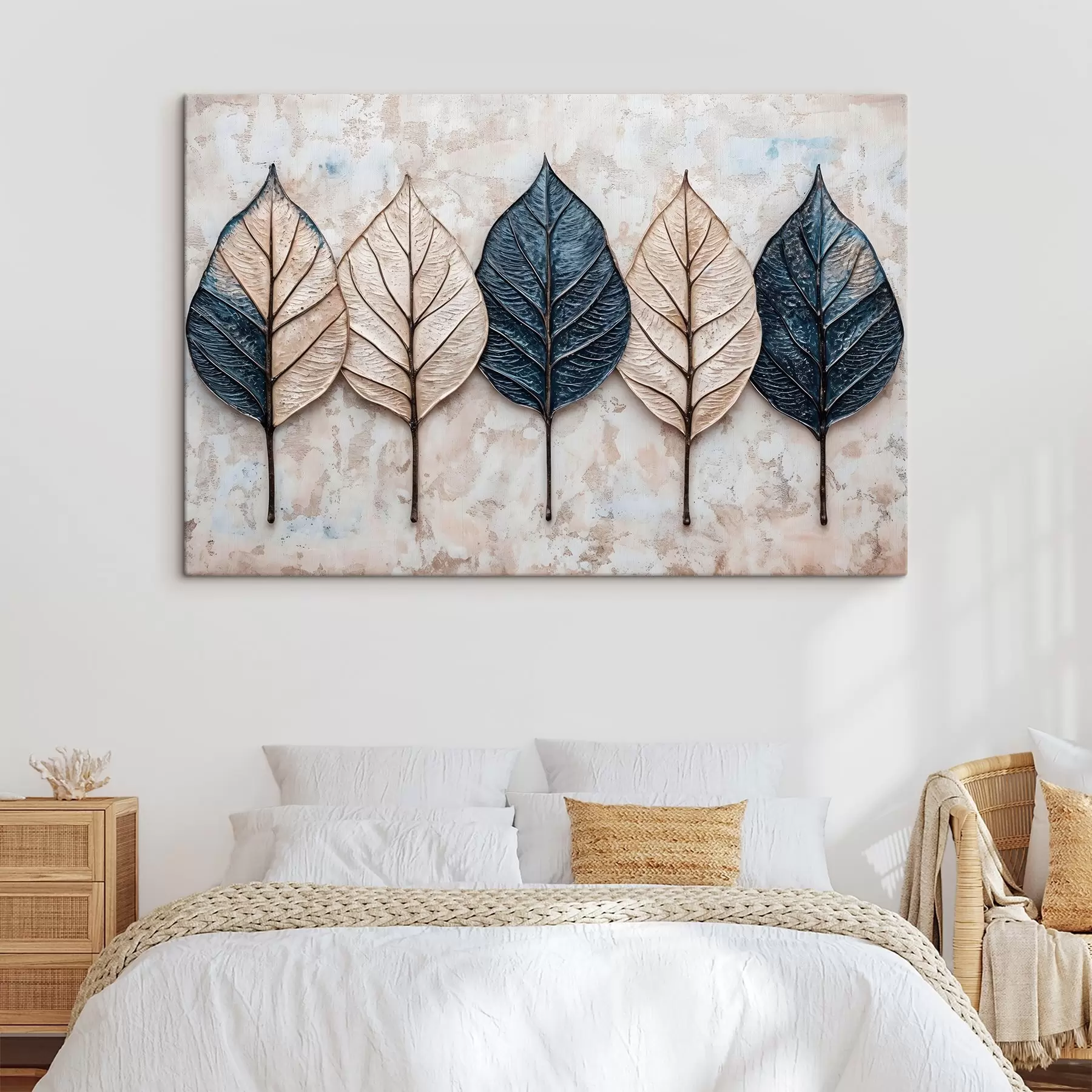 wall murals Assorted autumn abstract leaves in various shades of brown, beige and blue arranged in a row on a light background s42217