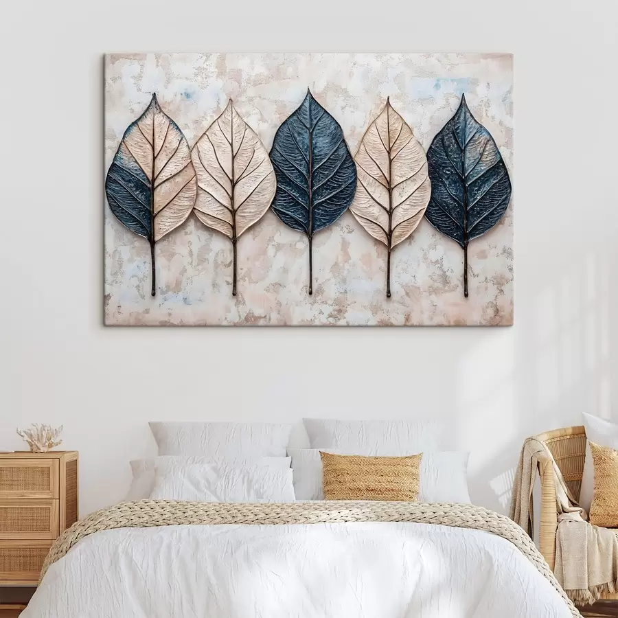 murales Surtido de hojas abstractas otoñales en varios tonos de marrón, beige y azul dispuestas en fila sobre un fondo claro s42217