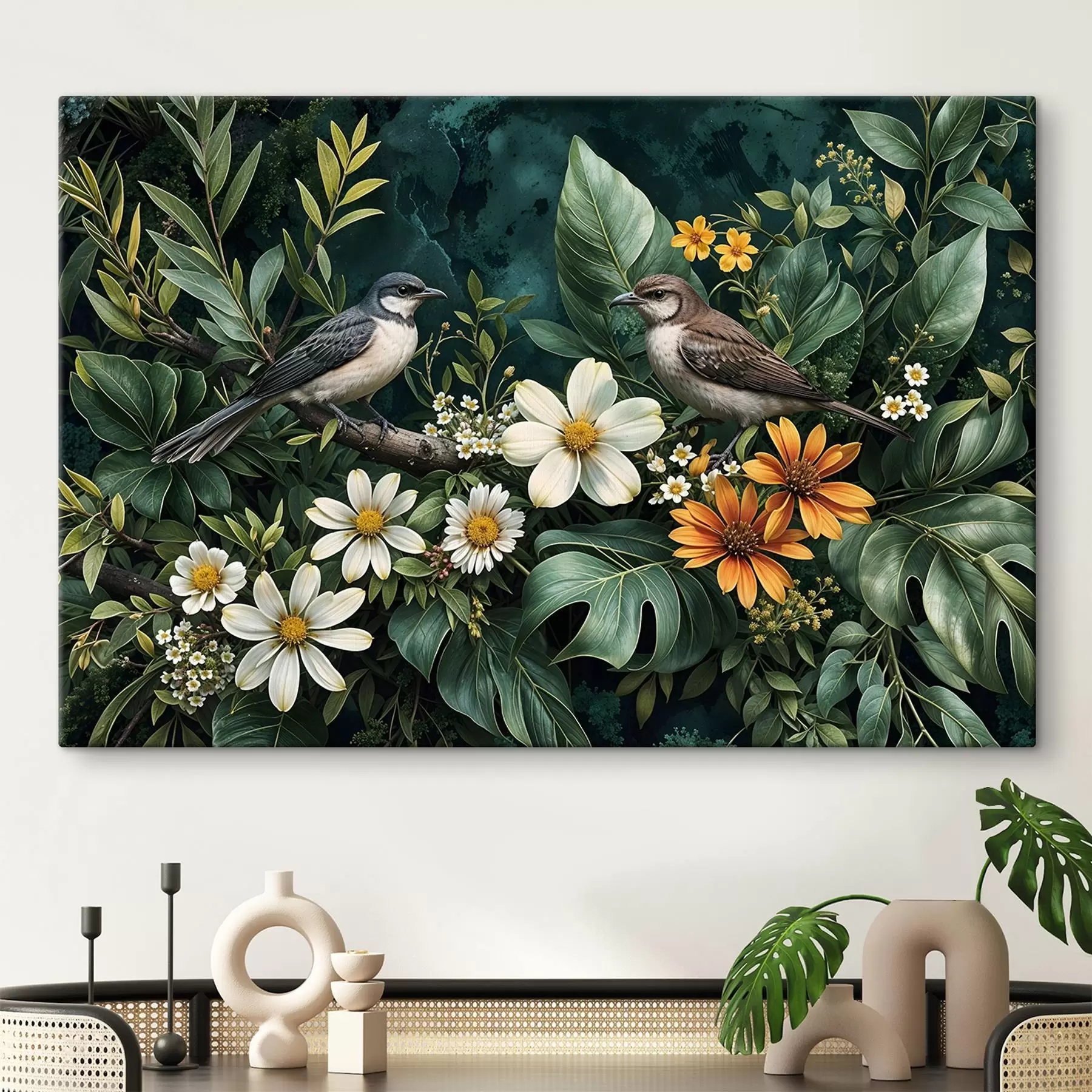 murales Pequeños pájaros posados en ramas rodeadas de exuberante follaje tropical , incluyendo grandes hojas verdes y flores de colores s42220