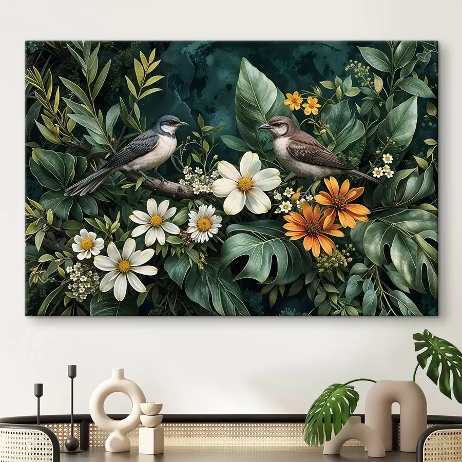 wall murals Small birds perched on branches surrounded by lush tropical foliage , including large green leaves and colorful flowers s42220