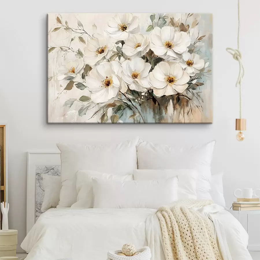 wall murals A bouquet of large white flowers in oil painting style with yellow centers against a light background  s42222