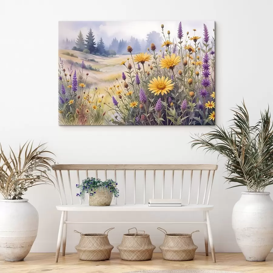 wall murals A field of yellow sunflowers and purple wildflowers in a misty forest landscape with pine trees in the background s42223
