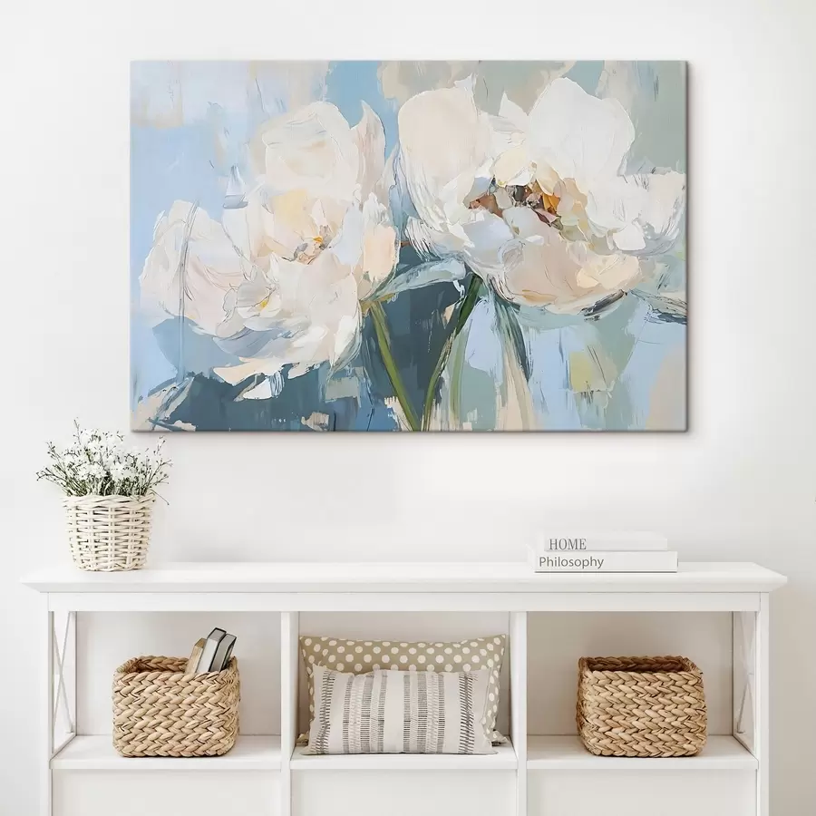 wall murals White minimalistic abstract peonies oil painting imitation against a soft blue background s42226