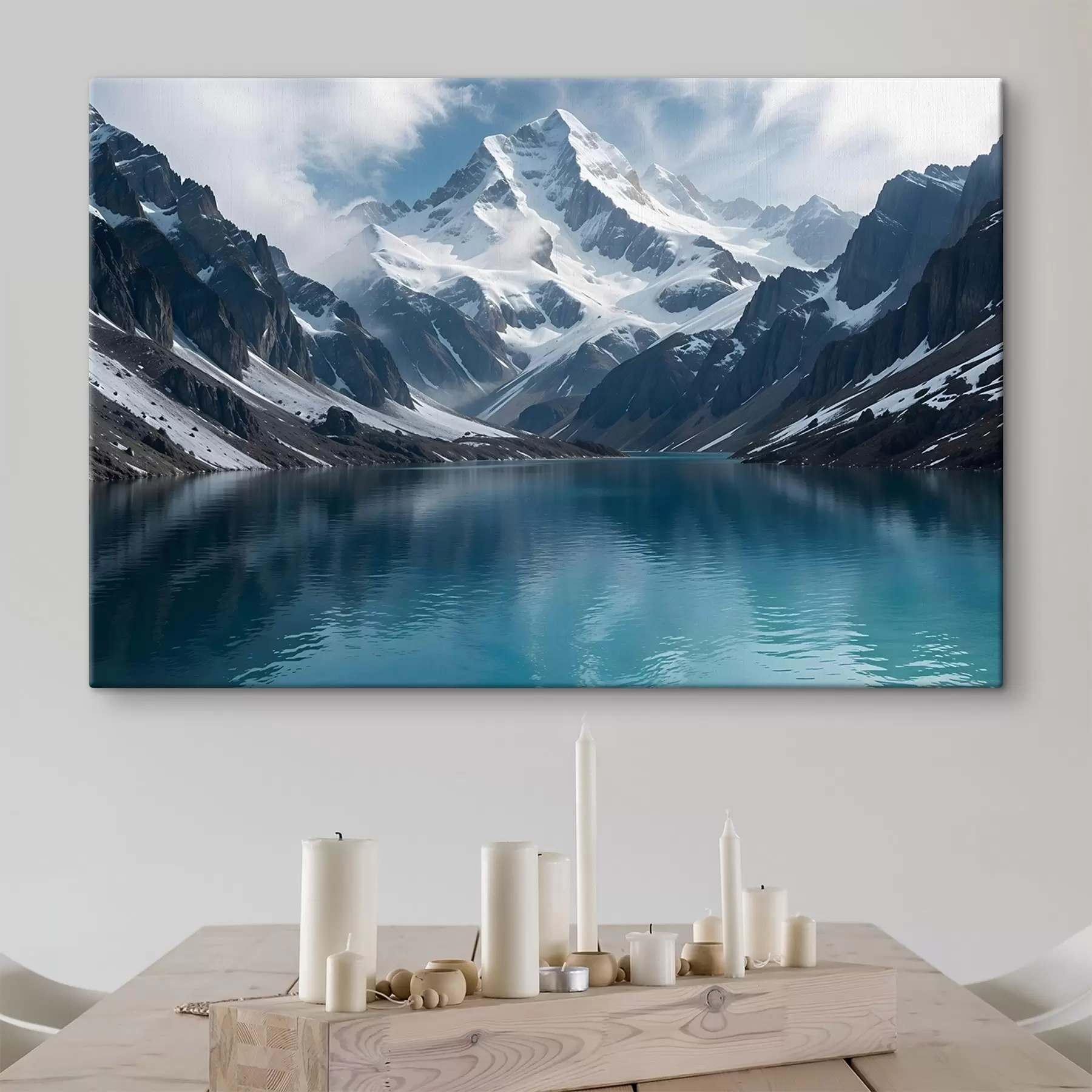 wall murals A snow-capped mountain peak reflected in a serene turquoise lake, surrounded by rocky terrain and dramatic clouds s42232