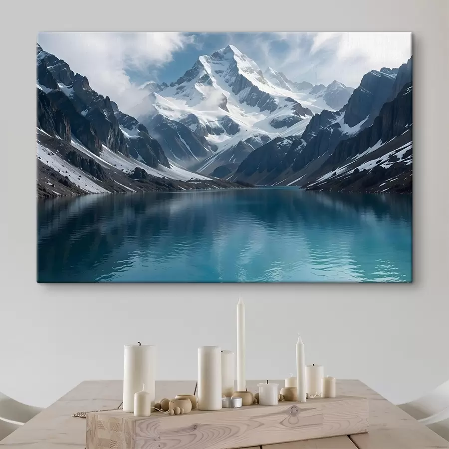 murales Un pico de montaña nevado reflejado en un sereno lago turquesa, rodeado de terreno rocoso y dramáticas nubes s42232