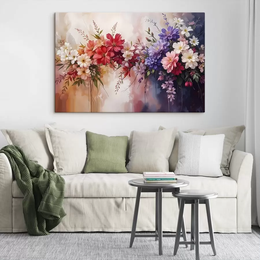 wall murals Colorful flowers including red, pink, and purple dahlias, daisies, and other blooms against a soft, blurred background  s42234
