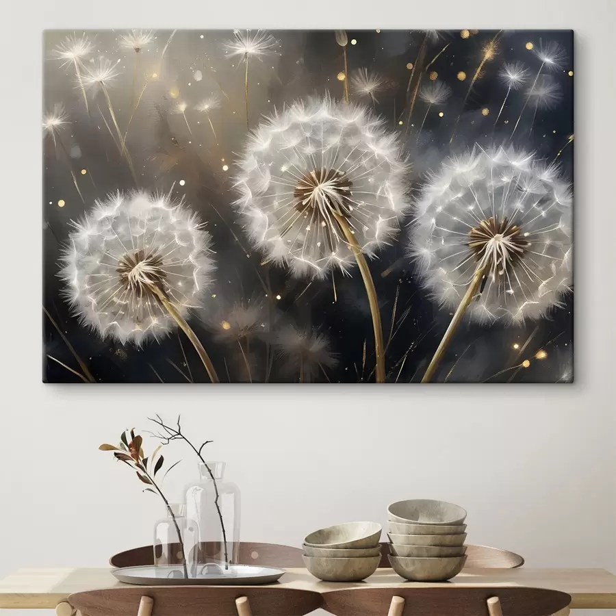 wall murals Dandelion flowers with their fluffy white seed heads against a dark background, creating a magical atmosphere s42235