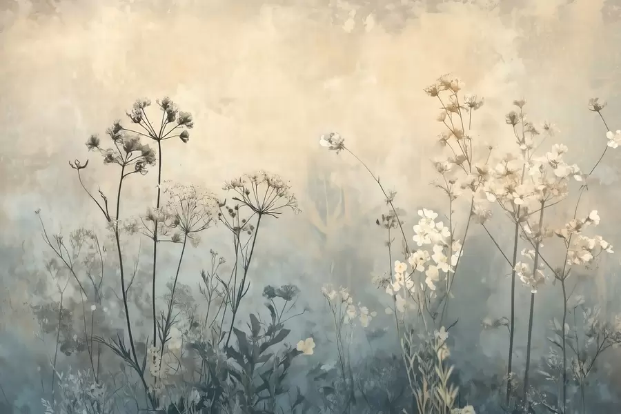 murales papel pintado ecológico con flores silvestres y plantas sobre fondo texturizado w02685