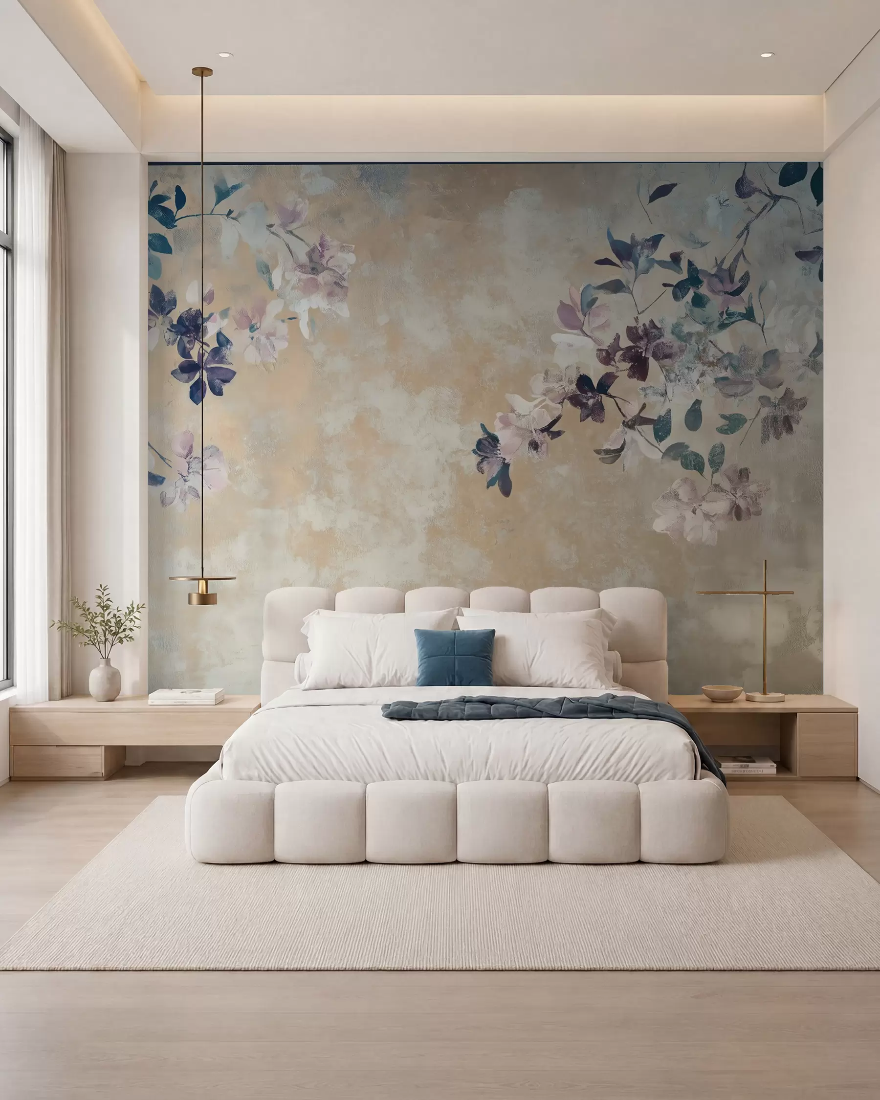 murales papel pintado de estilo retro con ramas y flores w02686