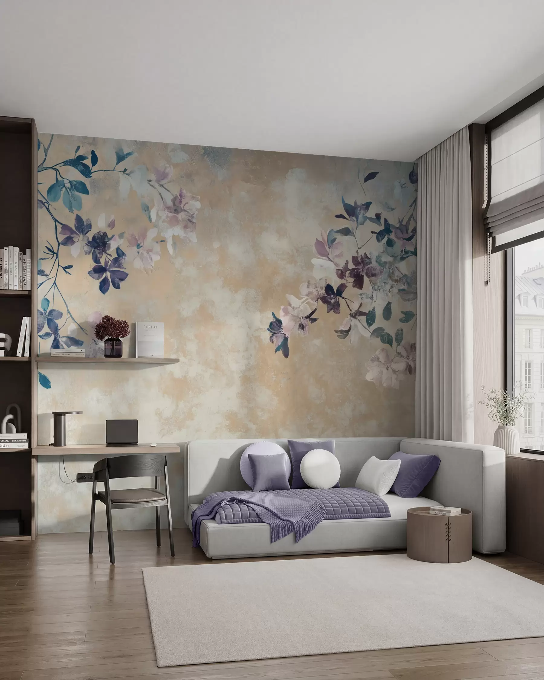 peintures murales papier peint de style rétro avec des branches et des fleurs w02686