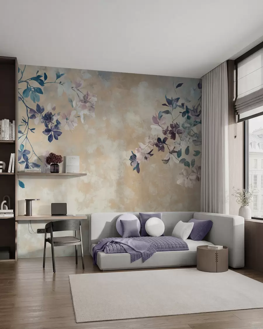peintures murales papier peint de style rétro avec des branches et des fleurs w02686