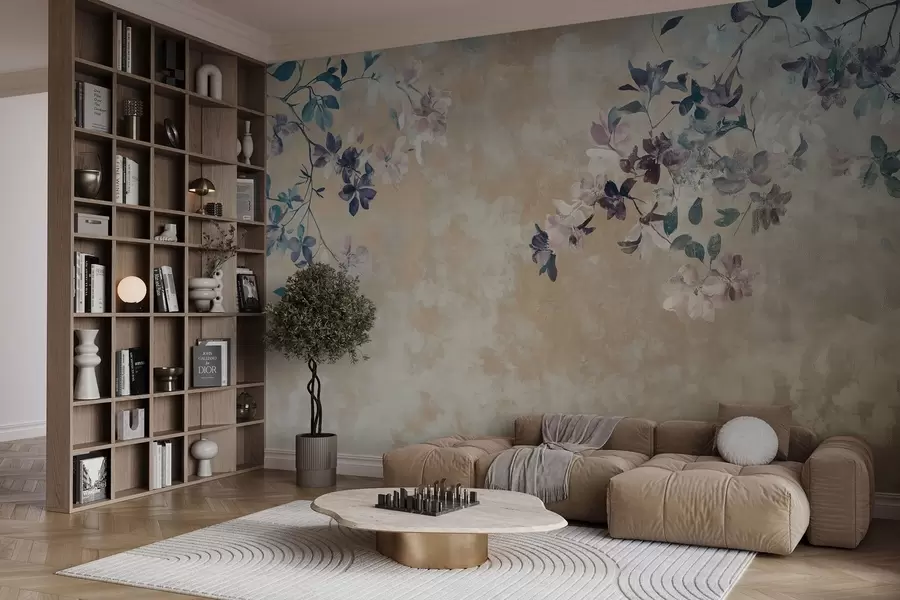 murales papel pintado de estilo retro con ramas y flores w02686