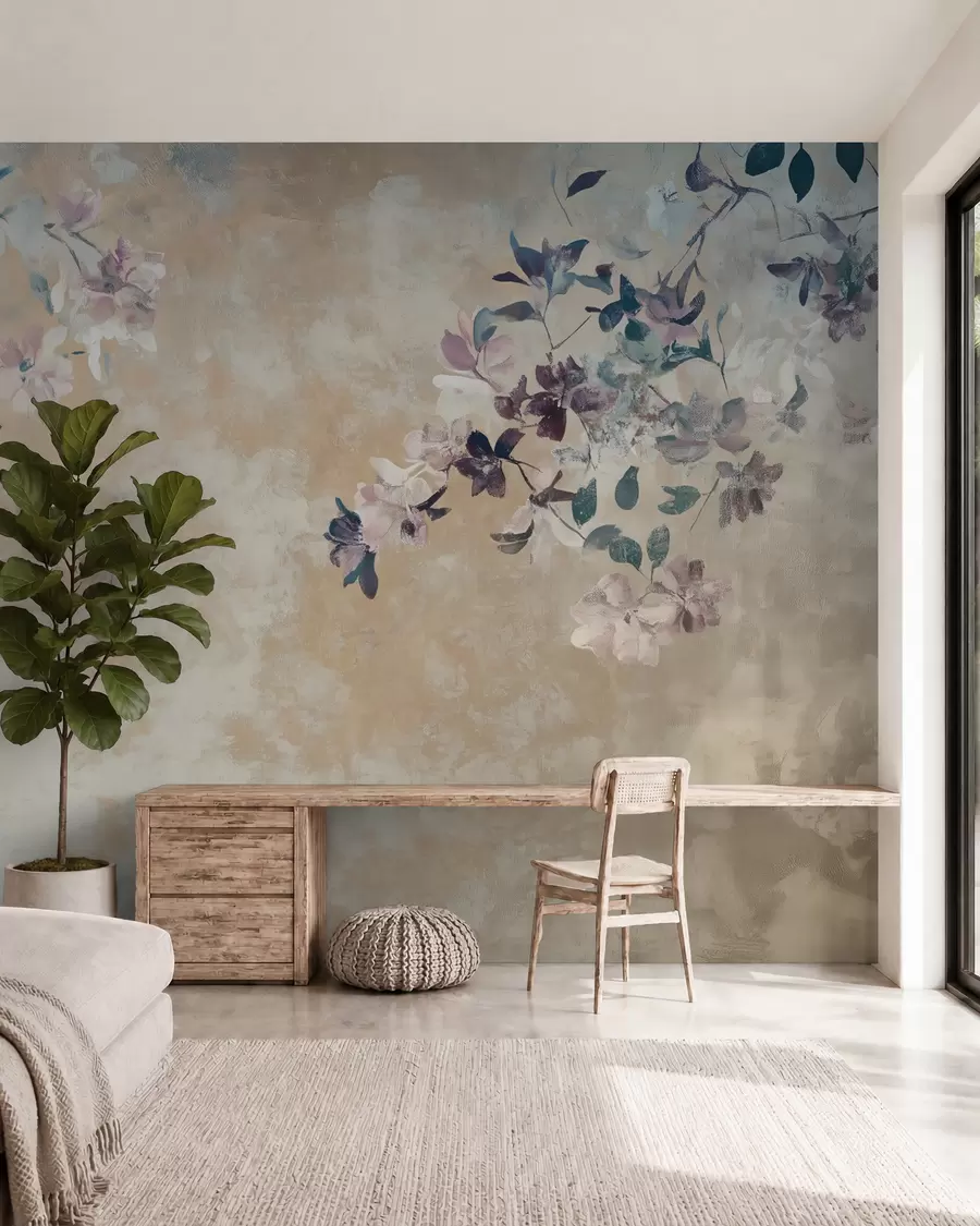 wall murals retro style wallpaper with branches and flowers w02686