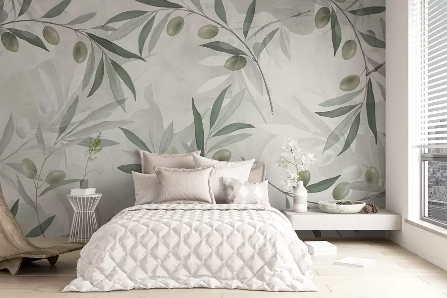peintures murales Branches d'olivier avec feuilles vertes et olives sur fond clair w08576