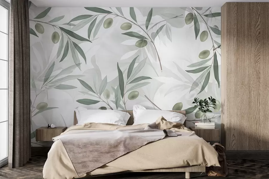 Wall Mural Photo Wallpaper Olive branches with green leaves and olives on a light background w08576